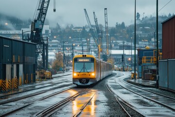 Yellow train traveling through an industrial rail yard on a rainy day with cranes and warehouses in  background