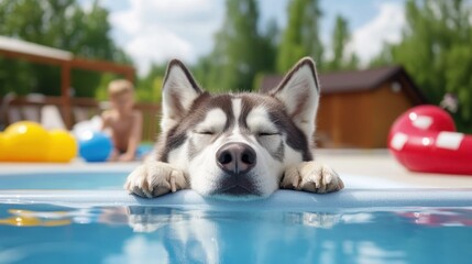 A relaxed husky rests in a pool, enjoying a sunny day, embodying the essence of leisure and summer vibes.