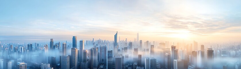 Fototapeta premium A stunning panoramic view of a modern city skyline, with skyscrapers peeking through a layer of fog during a soft sunrise