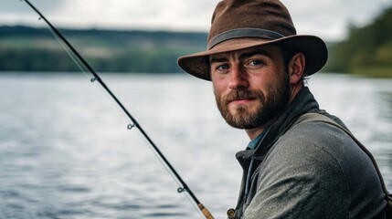 A serene moment of a man fishing by the calm waters. He enjoys the tranquility of nature. The perfect escape from daily life. Generative AI