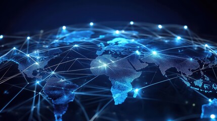 Obraz premium Global Business Communication Platform Represented by a Digital Network of Connections Over a Mapped World in an Abstract Visual Style