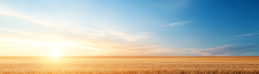 A vast expanse of golden wheat fields under a bright blue sky with soft clouds at sunrise. The tranquil scene captures nature's beauty and the promise of a new day.