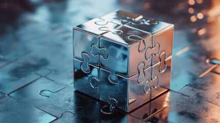 Metallic 3D Puzzle Cube with Missing Parts on a Reflective Surface Captivating the Essence of Complexity and Intrigue in Modern Design