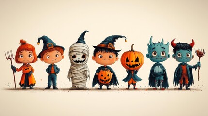 Obraz premium Halloween kids in costume with pumpkins spooky items and fun atmosphere. Generative AI
