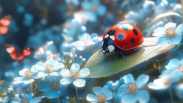 In a colorful garden, a ladybug with bright red wings and black spots rests on a green leaf, surrounded by delicate blue flowers under the warm sun. This lively scene captures nature's beauty.