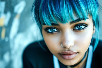 Commercial advertising creative creative design. Lovely calm black girl - for ads, flyer and social apps banner use. Short trim - blue hair. Creative african portraits. African woman elegance.