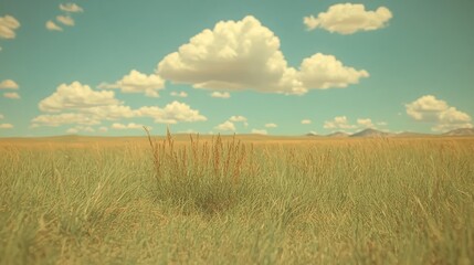 Fototapeta premium Serene grassland under a sunny sky, distant mountains. Peaceful nature scene, ideal for travel brochures