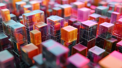 Obraz premium Visual Representation of an Evolving Corporate Strategy with Abstract Structures and Colorful Elements in a Dynamic Urban Environment