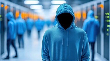 A mysterious figure in a blue hoodie stands in a dimly lit server room, surrounded by indistinct figures, creating an atmosphere of intrigue and anonymity.