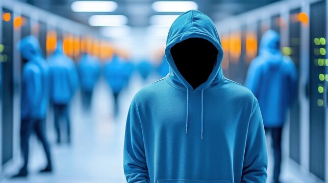 A mysterious figure in a blue hoodie stands in a dimly lit server room, surrounded by indistinct figures, creating an atmosphere of intrigue and anonymity.