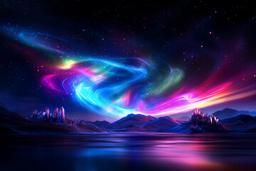 Electric Aurora Over Crystal Mountains – Majestic abstract mountain range with towering crystal formations, glowing under a radiant electric aurora in vibrant blues and greens, ethereal glow