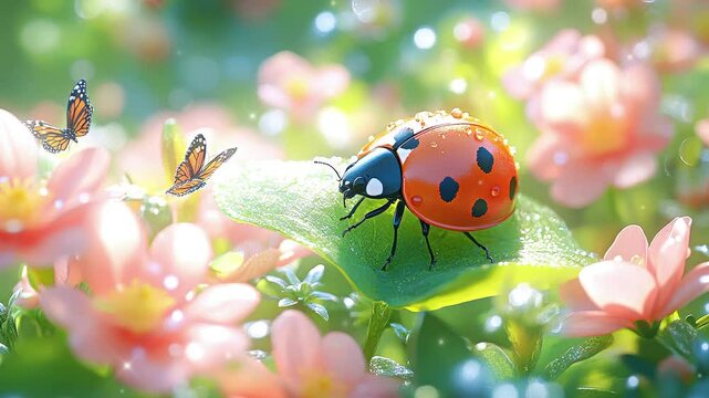 A vibrant ladybug rests on a green leaf amidst colorful blossoms. Nearby, delicate butterflies flit through a sunlit garden filled with lush greenery.
