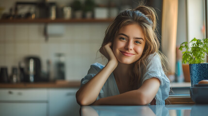 Beautiful young woman relaxing at the kitchen. Happy smiling girl home portrait. Resting, relaxation and leisure concept