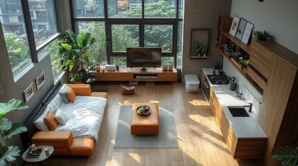 Contemporary small apartment with modern furniture and design. Generative AI
