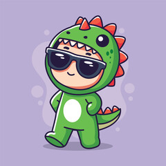 Cute child costume dinosaur cartoon character. Vector illustration of a cute dinosaur.