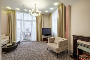 sofa in interior of hotel or apartments with night lamp