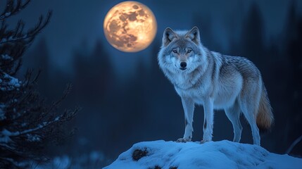 Wolf standing on a snowy hill under the full moon, soft blue glow, silent and powerful 