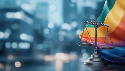 A vibrant representation of justice intertwined with LGBTQ+ pride, featuring a scale symbol against a blurred urban backdrop. This image embodies equality and acceptance.