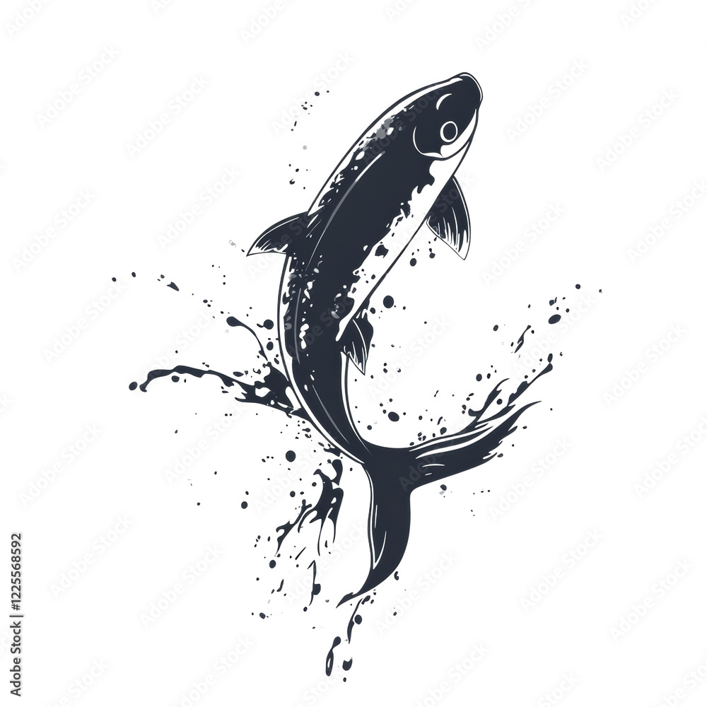 Aufkleber a stylized grayscale illustration depicts a koi fish dynamically leaping through water creating spla