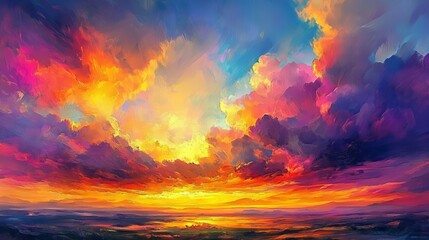 Naklejka premium Beautiful sunset sky with vibrant colors like orange, yellow, pink, and red. Dramatic clouds cover the twilight sky, creating a stunning landscape.