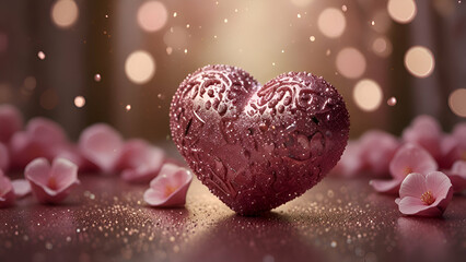 Fototapeta premium One perfectly crafted hearts, radiant in pink glitter, set within a dreamy, shiny environment that whispers romance.