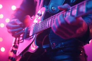 Naklejka premium A close-up shot of a guitarist playing an electric guitar under vibrant neon stage lights. The musician’s hands skillfully strum the strings, creating an intense and energetic atmosphere