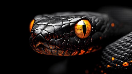 Fototapeta premium Fiery Gaze: A Close-Up of a Black Snake with Glowing Eyes