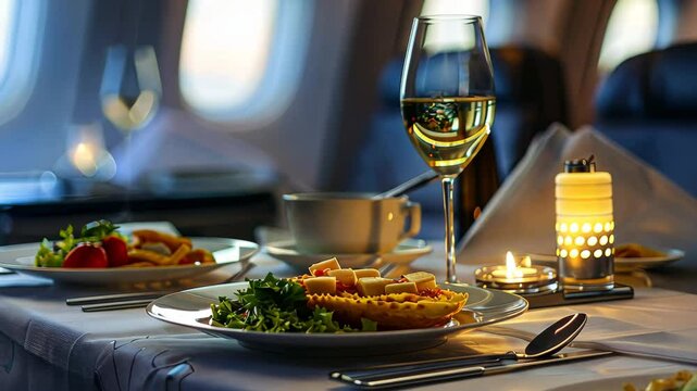 Passengers indulge in a lavish dinner featuring a beautifully plated dish and a glass of wine, surrounded by elegant cabin decor during a flight.