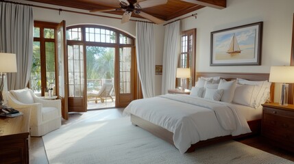 Cozy bedroom with wooden ceiling fan and billowing curtains in warm ambient light