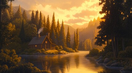 Fototapeta premium Golden Hour Cabin River Landscape Painting, Log Cabin, Sunset, Forest Scenery, Nature Art Keywords Digital Painting, Landscape Art
