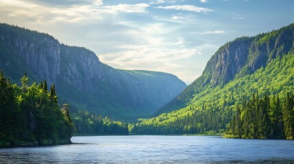 Scenic view of a green mountain range, with dense pine forests, a sparkling lake, and a backdrop of rugged cliffs