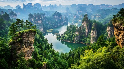 Scenic view of a green mountain range, with dense pine forests, a sparkling lake, and a backdrop of rugged cliffs