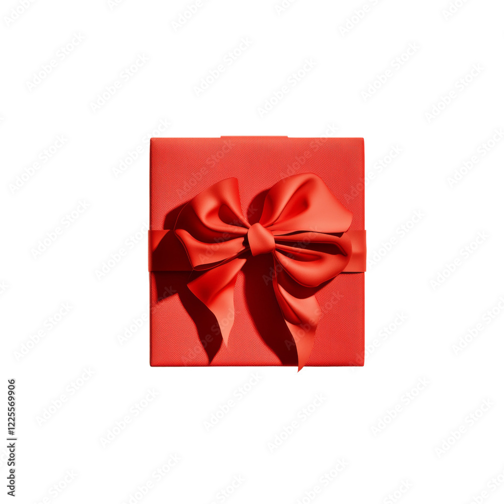 Poster a top-down view of a square red gift box adorned with a large, meticulously tied red bow.