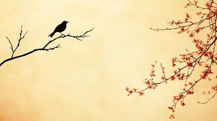 Silhouette Bird on Branch Beside Blooming Tree