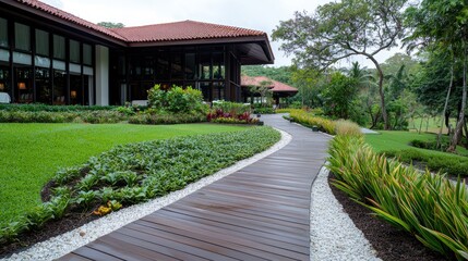 Fototapeta premium Resort walkway, lush landscaping, tropical setting, relaxation