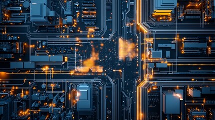 Fototapeta premium An aerial view of a futuristic urban landscape featuring intricate grid lines, illuminated pathways, and a dense arrangement of buildings, symbolizing advanced technology.