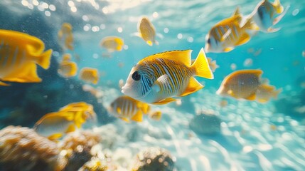 Fototapeta premium Vibrant tropical fish swimming through clear ocean water, coral and bright colors all around 