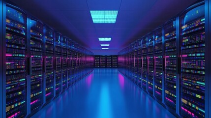 Neon-Lit Server Room 3D Render of Data Center Infrastructure, Data Storage Concept Data Center, Server Room