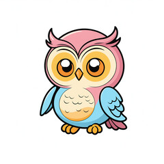 Obraz premium Cute colorful baby owl cartoon character, animal illustration on white background for nursery decor, children book, kids, drawing, bird, graphic, pastel colors, zoo, wildlife, sweet, education, sweet