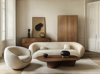 Modern interior design of a beige living room with a large, comfortable sofa, armchair, and a stylish coffee table