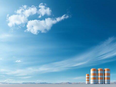 An expansive view of an industrial landscape featuring cylindrical storage tanks under a bright blue sky with wispy clouds, conveying a sense of scale and modernity.