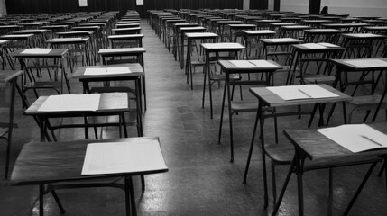 Empty exam hall with numerous desks and papers.