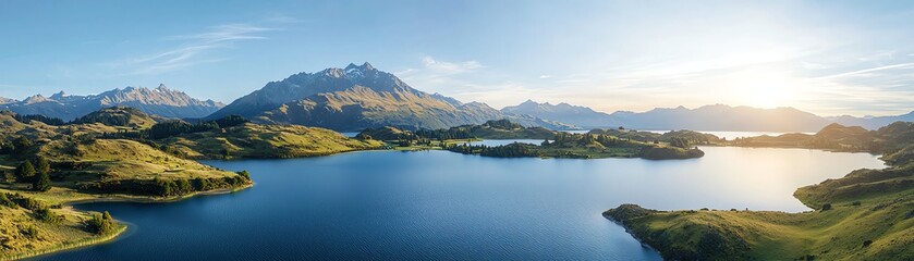 Obraz premium Breathtaking panoramic view of serene lake surrounded by rolling green hills and majestic mountains under a clear blue sky, illuminated by the warm glow of the morning sun.