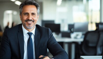 Fototapeta premium Confident businessman smiling in a modern office environment. Ideal for showcasing professionalism, leadership, and motivation in corporate settings.