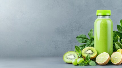 Fresh green smoothie placed on a gray background with kiwi, mint leaves, and lime, ideal for health-focused content, promoting wellness and vibrant energy.