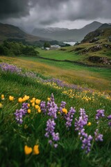 Fototapeta premium Vibrant wildflowers bloom under dramatic clouds in a lush green valley during spring in the countryside. Generative AI