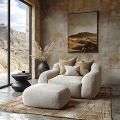 Fototapeta premium Modern Living Room Mountain View Relaxing Armchair