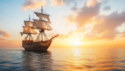 A large ship sails in the ocean with the sun setting in the background