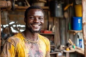 Obraz premium Smiling craftsman in a workshop surrounded by tools and materials, showcasing a vibrant atmosphere