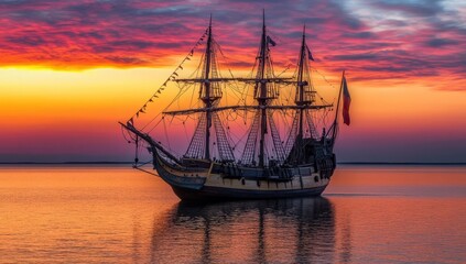 Obraz premium A large ship sails in the ocean at sunset